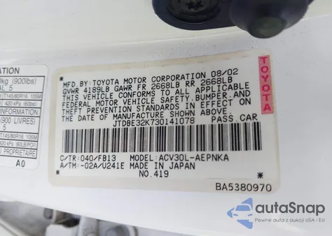 2003 Toyota Camry Le from USA, damaged, VIN JTDBE32K730141078